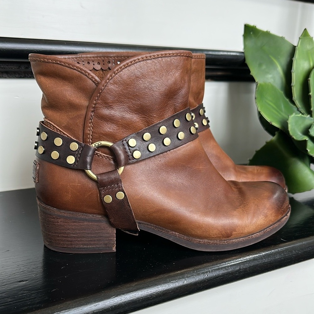 UGG Brown Leather Ankle Boots with Studded Strap